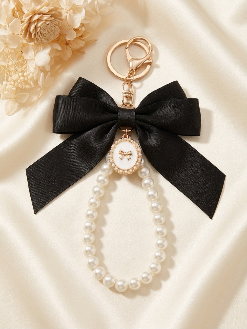 Pearl Bead Bow Keychain Charm - Black Bow, White Pearls